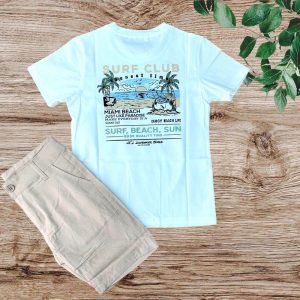 Αγορίστικο καλοκαιρινό σετ με λευκή μπλούζα με φοίνικες και μπεζ βερμούδα, παιδικά ρούχα για αγόρια, casual κομψό ντύσιμο