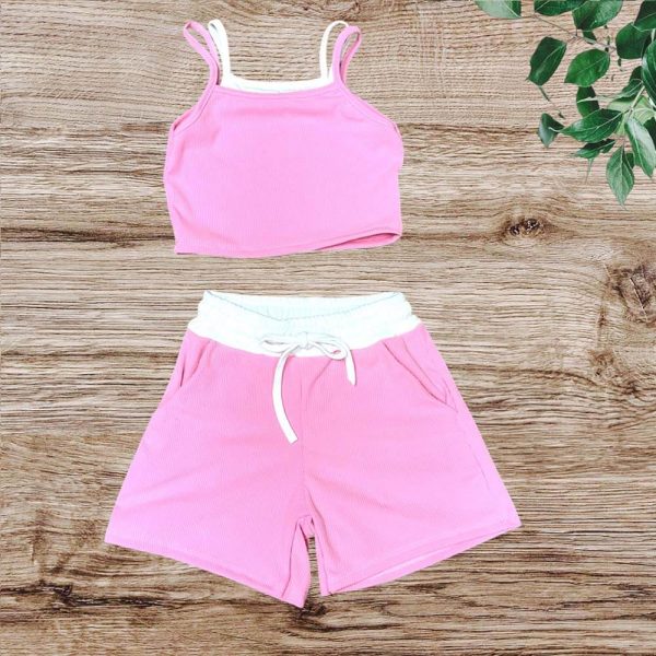 Κοριτσίστικο καλοκαιρινό σετ ροζ crop top και σορτσάκι με λευκή μέση – Candy Vibes