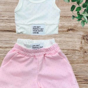 Κοριτσίστικο σετ με ριπ λευκό τοπ και ροζ πουά σορτσάκι, καλοκαιρινό παιδικό outfit Carouselshop