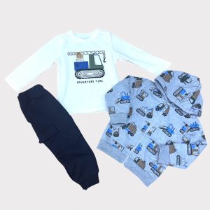 Σετ αγόρι “Adventure Time” με μπλούζα γερανό, γκρι ζακέτα με κουκούλα και μπλε παντελόνι – παιδικό σετ με θέμα κατασκευαστικά οχήματα