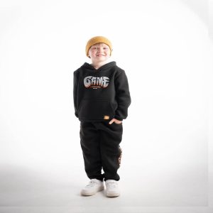 Παιδικό μαύρο σετ φόρμας “GAME LOADING” με κουκούλα και gamer print