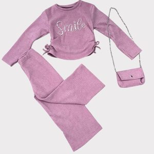 Παιδικό ροζ σετ με μπλούζα Smile με στρας, καμπάνα παντελόνι και ασορτί τσάντα – για κορίτσια με στυλ.
