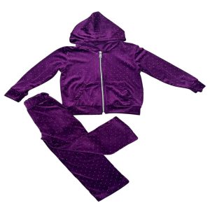 Παιδικό μοβ βελούδινο σετ με κουκούλα και λαμπερά στρας – ιδανικό για κορίτσια με στυλ.