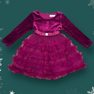 Παιδικό βελούδινο φόρεμα σε βυσσινί χρώμα με τούλινη φούστα και φιόγκο – ιδανικό για γιορτές και επίσημες περιστάσεις.