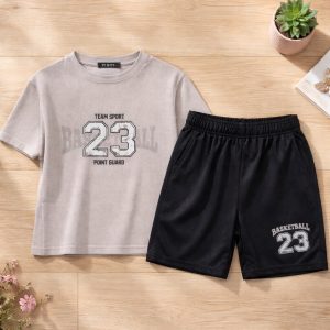 καλοκαιρινό αθλητικό σετ αγόρι με μπλούζα basketball 23 και μαύρο σορτσάκι