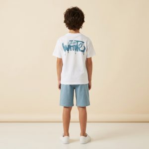 σετ αγόρι καλοκαιρινό με λευκή μπλούζα και γαλάζιο σορτσάκι παιδικά ρούχα αγόρι