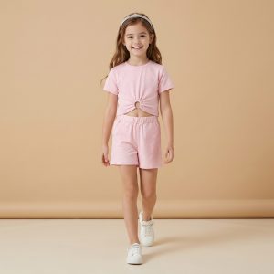 καλοκαιρινό σετ κορίτσι ροζ με μπλούζα και σορτσάκι παιδικά ρούχα μόδας