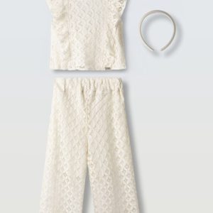 σετ κορίτσι εκρού δαντέλα με τοπ και παντελόνα κομψό καλοκαιρινό παιδικό outfit