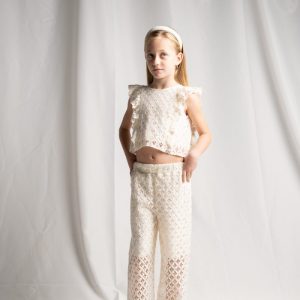 σετ κορίτσι εκρού δαντέλα με τοπ και παντελόνα κομψό καλοκαιρινό παιδικό outfit