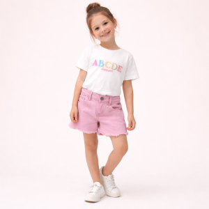 σετ κορίτσι καλοκαιρινό με λευκό μπλουζάκι και ροζ σορτσάκι παιδικά ρούχα κορίτσι