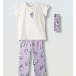 σετ κορίτσι λευκή μπλούζα με μονόκερο και μωβ κολάν unicorn με κορδέλα καλοκαιρινό παιδικό σετ