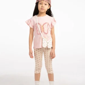 σετ κορίτσι ροζ με μπλούζα πεταλούδα κολάν και τσαντάκι καλοκαιρινό παιδικό outfit