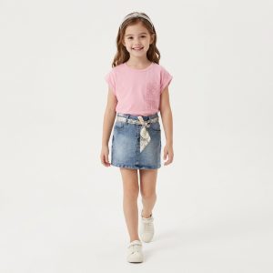 καλοκαιρινό σετ κορίτσι με ροζ μπλούζα και τζιν φούστα παιδικά ρούχα κορίτσι