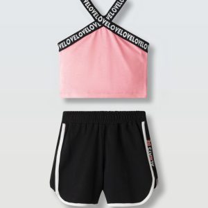 σετ κορίτσι ροζ crop top love με μαύρο σορτσάκι καλοκαιρινό παιδικό outfit