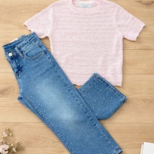 σετ κορίτσι με ροζ πλεκτή μπλούζα και τζιν παντελόνι παιδικά ρούχα κορίτσι