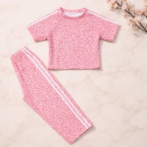 σετ κορίτσι ροζ animal print με μπλούζα και παντελόνα καλοκαιρινό παιδικό outfit