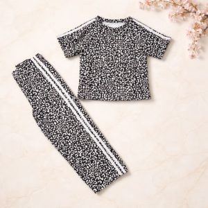 σετ κορίτσι μαύρο animal print με μπλούζα και παντελόνα καλοκαιρινό παιδικό outfit
